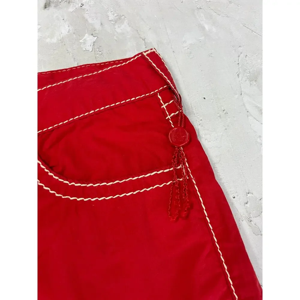 True Religion Big T Boardshort SIZE 33 Red White Stitch Cotton Swim Shorts EUC
